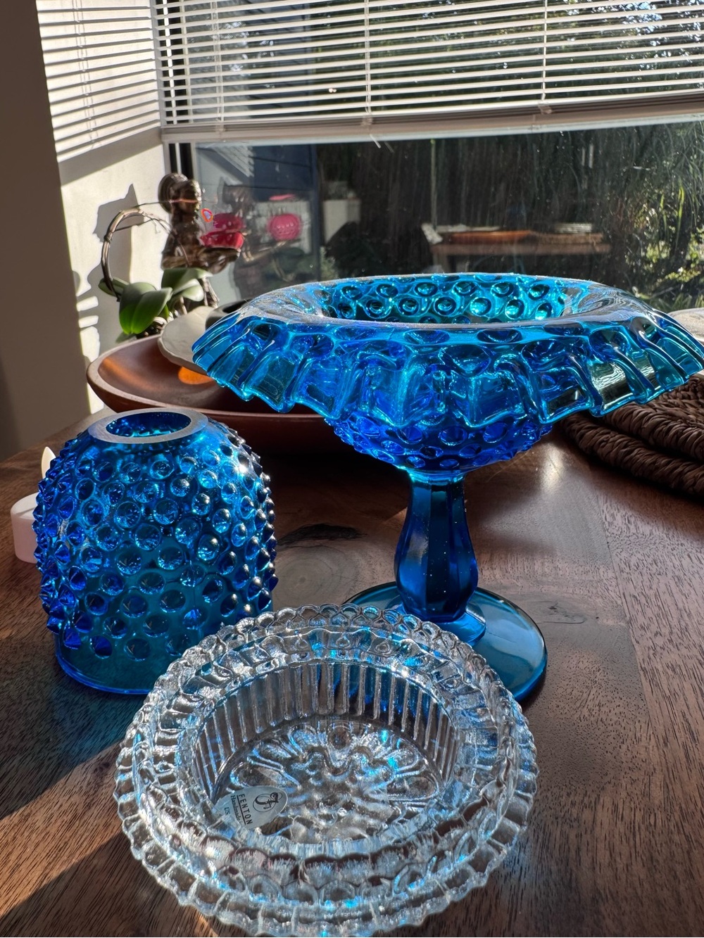 VINTAGE Antique Fenton Colonial Blue Hobnail 3 Piece Pedestal Fairy Lamp - Picture 3 of 12
